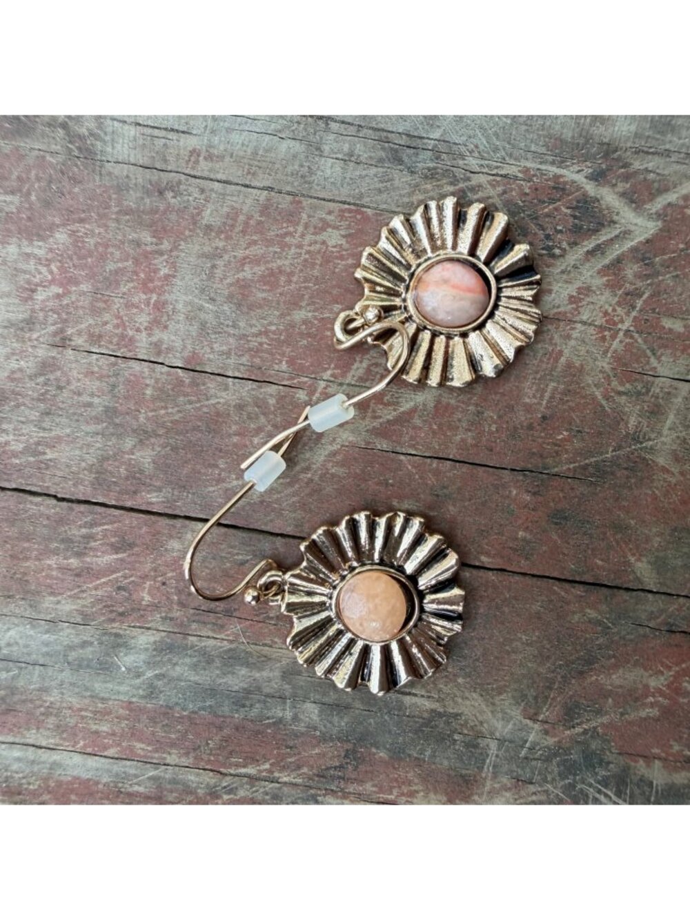 Vintage Boho Gold-Tone Sunburst Earrings With Peach-Colored Stone